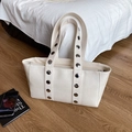 Vintage cream white rivet shoulder bag with textured faux leather and zip closure - White