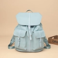 Minimalist light blue faux leather backpack with double front pockets and buckle straps - Blue