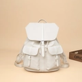 Minimalist white lychee grain PU leather backpack with flap closure and drawstring design - White
