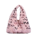 Borsa hobo rosa in piume per donna con paillettes scintillanti e manico integrato - Grande / Rosa