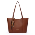 Classic brown large tote bag in textured pebble leather with ethnic tassel charm - Caramel color