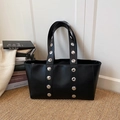 Vintage black faux leather tote bag with silver metal rivets and stylish shoulder straps - Black