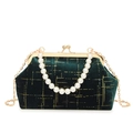 Elegant dark green velvet evening clutch with gold grid pattern and pearl handle - Green