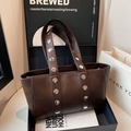 Retro dark brown leather underarm bag with silver rivets and large capacity design - Brown