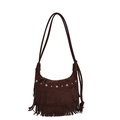 Dark brown suede crossbody bag with fringe tassels and silver star studs on white background - Brown