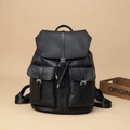 Classic black pebble leather backpack with vintage buckle pockets and drawstring closure - Black