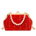 Red velvet shell bag with gold diamond pattern and pearl handle for women - Rose Red