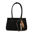 Borsa a spalla in pelle scamosciata nera con elegante ciondolo in nappe e perle di legno - Senza Ciondolo / Nero
