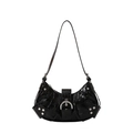Black crocodile embossed hobo bag with silver rivets and sleek buckle detail - Black