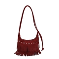 Burgundy suede shoulder bag with fringe tassels and star-shaped silver rivets - Red