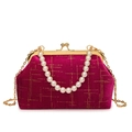 Velvet shell bag in rose red with gold grid patterns and white pearl handle strap - Red