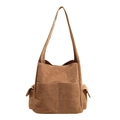 Bolso tote minimalista en ante marrón oscuro con bolsillos frontales y gran capacidad - Caqui