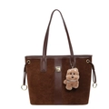 Dark brown tote bag in suede and smooth leather with cute plush bear pendant accessory - Dark Brown