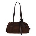 Deep brown frosted suede large tote bag with elegant long shoulder straps and tag - Brown