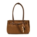 Borsa a mano minimalista in pelle scamosciata cammello con nappa in legno e fibbia - Senza Ciondolo / Marrone