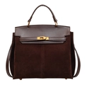 Bolso de mano vintage en ante marrón oscuro con cierre giratorio de metal y asa - Marrón