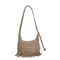 Tan faux suede hobo bag featuring silver star rivets and layered fringe tassels - Khaki