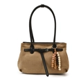 Brown faux suede hobo bag with black leather straps and ethnic wooden bead tassel - Khaki