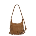 Vintage brown suede hobo bag with tiered tassels and silver star metallic studs - Brown