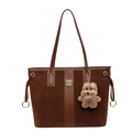 Brown suede tote bag with faux leather trim and a cute plush bear charm accessory - Coffee