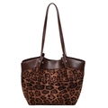 Vintage leopard print suede tote bag with brown faux leather straps and large capacity - Leopard Print
