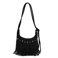 Black suede crescent bag with silver star studs and layered fringe detail - Black