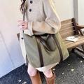 Large capacity vintage military green canvas tote bag with brown leather handles - Army Green