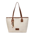 Borsa tote minimalista in tela beige con finiture in pelle marrone e ciondolo boho - Bianco
