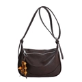 Dark brown matte leather crescent crossbody bag with vintage style multi-colored wooden beads - With Pendant / Brown