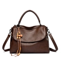Dark brown leather shoulder bag with vintage wood bead tassel and side zipper pockets - Brown