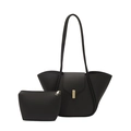 Minimalist black lychee texture tote bag set with golden lock and small zipper pouch - Black Lychee Texture Style