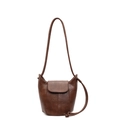Retro brown matte PU leather bucket bag with magnetic flap and knotted shoulder strap - Brown