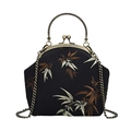 Retro black shell evening bag with bamboo embroidery and antique bronze metal chain - Black