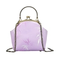 Elegant purple silk shell bag with bamboo leaf embroidery and vintage metal handle - Purple