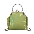 Elegant green satin shell handbag with bamboo leaf embroidery and bronze frame - Green