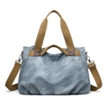 Gray-blue casual canvas tote bag with brown handles and adjustable crossbody strap - Blue