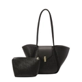 Schwarzes Set aus Tragetasche mit Webmuster, passender Tasche und goldener Schnalle - Gewebte Textur Schwarz (Mutter-Kind-Set)