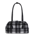 Classic black and white checkered tweed shell handbag with leather handles on white background - Black