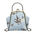 Light blue shell bag with bamboo leaf embroidery and vintage bronze handle - Blue
