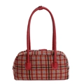 Chic retro shell bag in red orange and blue plaid fabric with leather handles - Red