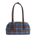 Retro blue and brown tweed checkered shell bag with slim leather handles in a Boston style - Blue
