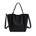 Minimalist black tote bag with lychee texture and detachable shoulder strap in detail - Black