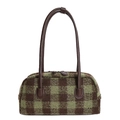 Retro green and brown plaid shell bag with dark brown leather handles for autumn - Green
