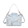 Light blue moto jacket small crossbody bag with golden studs and cracked leather texture - Blue