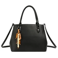 Classic black lychee-textured handbag with adjustable strap and ethnic wooden bead tassel - Black (No Pendant)
