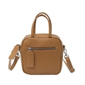 Minimalist caramel brown leather crossbody bag with top handles and front zipper pocket - Khaki