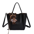 Retro black bucket bag in lychee texture leather with a cute brown teddy bear charm - Black With Pendant