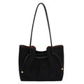 Minimalist black faux suede large tote bag with golden ball charm and long shoulder straps - Black