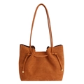 Vintage caramel brown suede tote bag with drawstring detail and golden metallic ball - Brown
