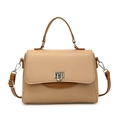 Borsa a mano beige in pelle testurizzata con patta marrone e tracolla regolabile - Cachi chiaro